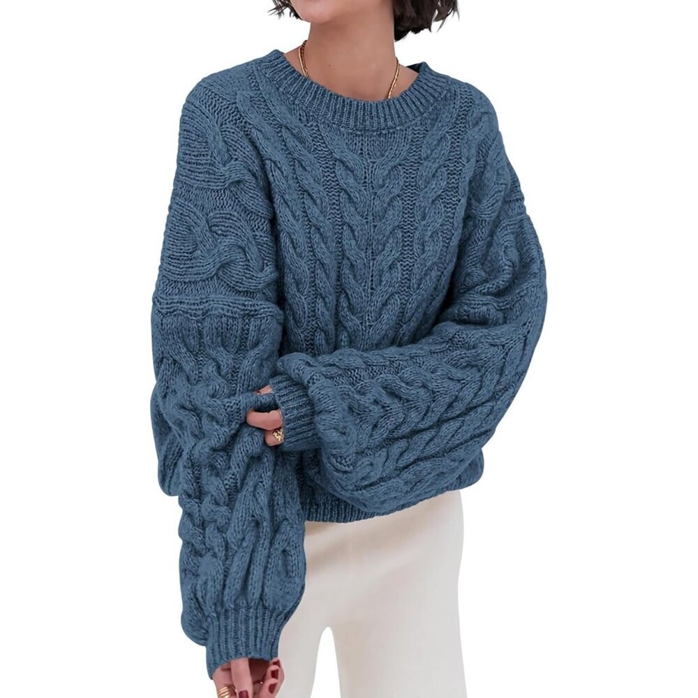 Women's Grey Blue Spring Fall Cable Knit Long Sleeve Crew Neck Oversized Sweater